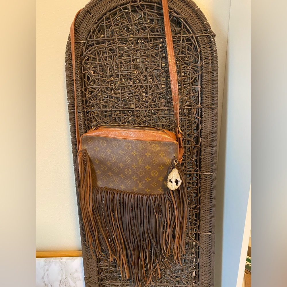 Repurposed authentic, vintage, pre-owned Louis Vuitton handbag w leather detail